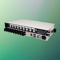 Pair of Sonifex CM-TB8 stacked displaying front and rear panels on green background