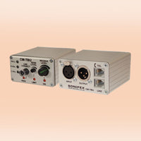 Pair of Sonifex CM-TBU side by side showing front and rear panels on orange background