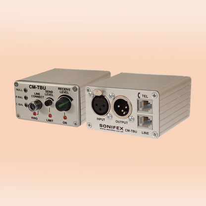 Pair of Sonifex CM-TBU side by side showing front and rear panels on orange background