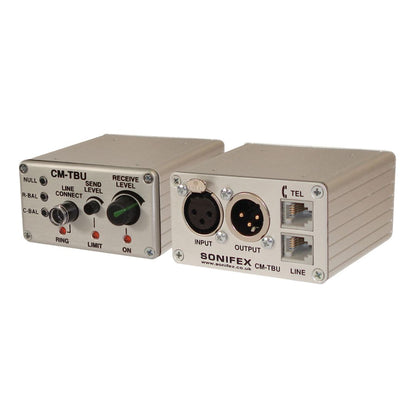 Pair of Sonifex CM-TBU side by side showing front and rear panels on white background