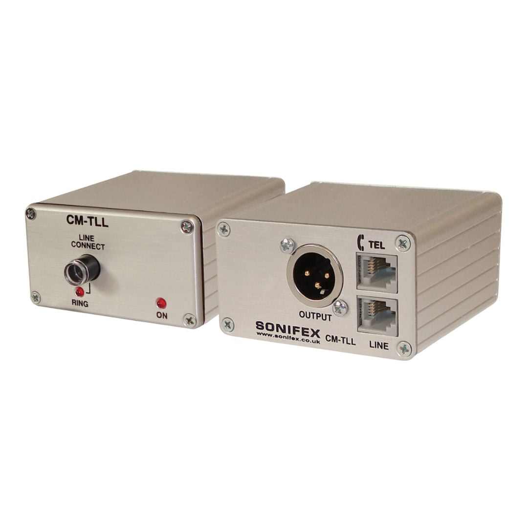 Pair of Sonifex CM-TLL DI boxes showing the rear and front panels with a white background