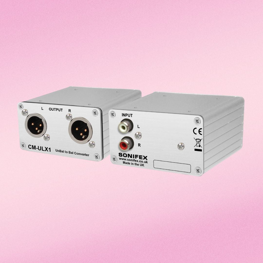 Pair of Sonifex CM-ULX1 side by side displaying front and rear panels on pink background