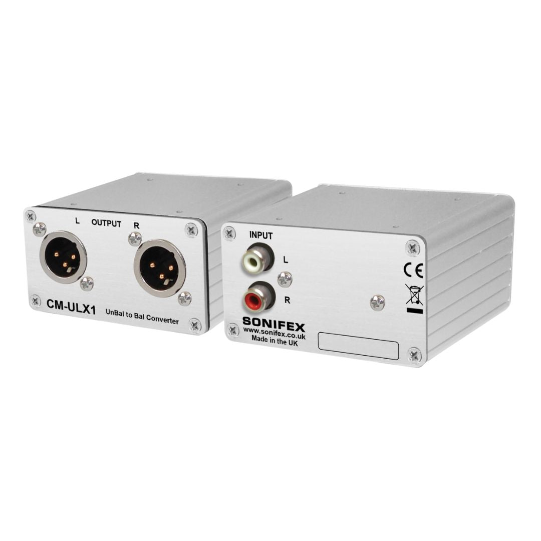 Pair of Sonifex CM-ULX1 side by side displaying front and rear panels on white background