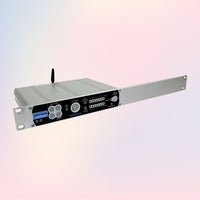 Angled shot of Sonifex DHY-04V Rack Mounted on pink and purple background