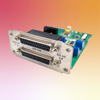 Angled front view of Sonifex EXP-D16 8 AES3 Stereo Digital I/O Expansion Card on red and orange gradient background