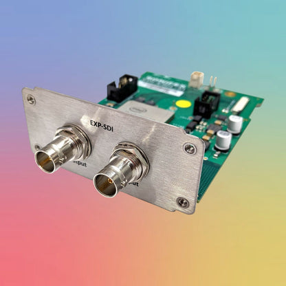 Angled front view of Sonifex EXP-SDI 12G/6G/3G/HD-SDI Expansion Card on multicolored background
