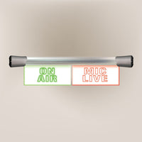 Front view of Sonifex LED Twin Flush Mount Sign ON AIR & MIC LIVE on brown background