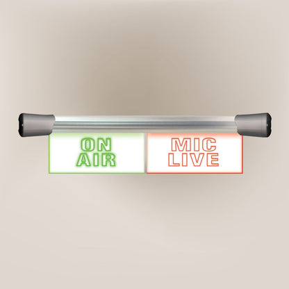 Front view of Sonifex LED Twin Flush Mount Sign ON AIR & MIC LIVE on brown background