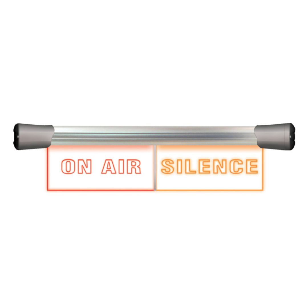 Front view of Sonifex LED Twin Flush Mount Sign ON AIR & SILENCE on white background