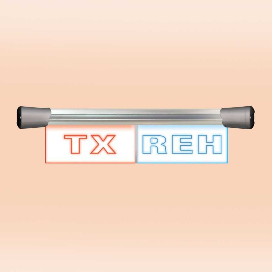 Front view of Sonifex LED Twin Flush Mount TRANSMISSION & REHEARSAL Sign on peach orange background