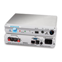 Pair of Sonifex PS-AMP Free Standing stacked on each other displaying front and rear panels on white background