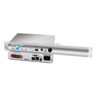 Pair of Sonifex PS-AMP Rack Mounted stacked on each other displaying front and rear panels on white background