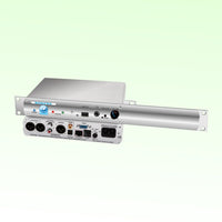 Pair of Sonifex PS-PLAY Rack Mounted stacked displaying rear and front panels on green background