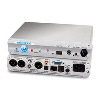 Pair of Sonifex PS-PLAY Free Standing stacked displaying rear and front panels on white background