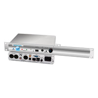 Pair of Sonifex PS-PLAY Rack Mounted stacked displaying rear and front panels on white background