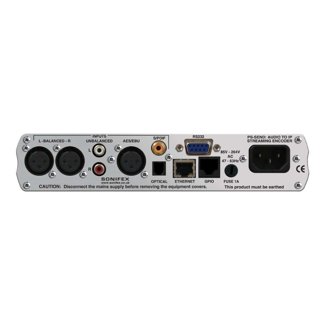 Rear panel of Sonifex PS-SEND on white background