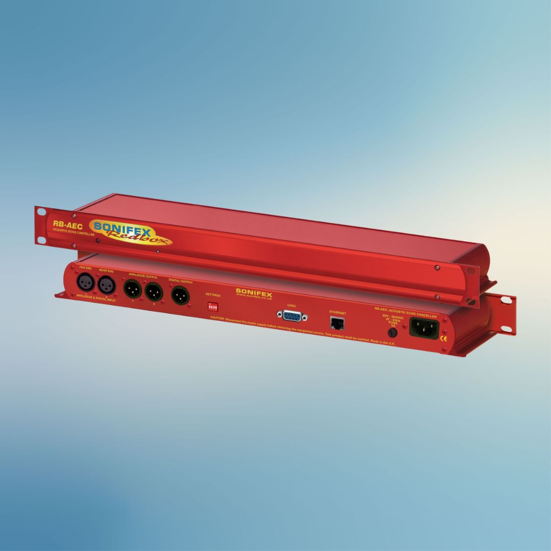Pair of Sonifex RB-AEC stacked on each other displaying front and rear panels on blue background