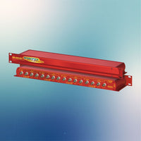 Pair of Sonifex RB-AES4B3 stacked displaying front and rear panels on blue background