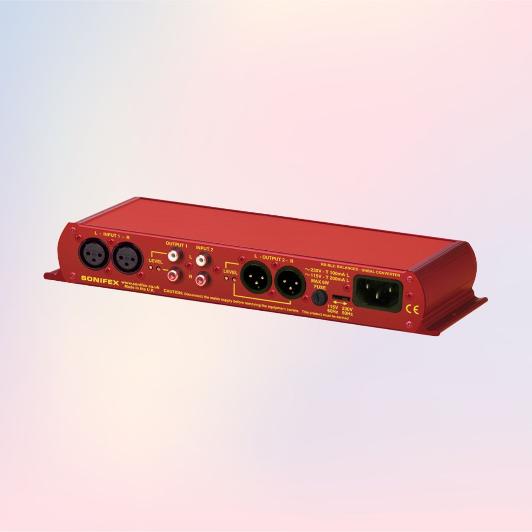 Angled front panel of Sonifex RB-BL2 on pink and purple gradient background