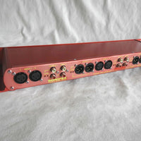 Close up of rear panel of Sonifex RB-BL4 on light gray cloth