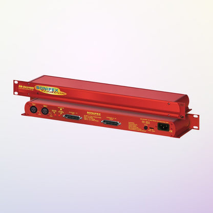 Pair of Sonifex RB-DA24MD stacked displaying front and rear panels on purple background