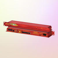 Pair of Sonifex RB-DA6R stacked on each other displaying front and rear panels on a pink and orange gradient background