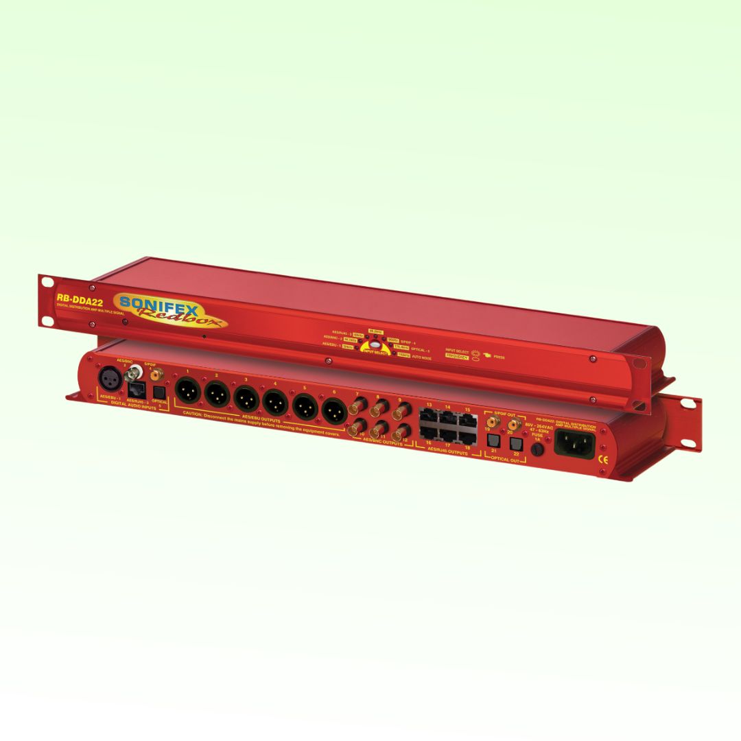 Two Sonifex RB-DDA22 boxes stacked on top of each other exposing its rear and front panels on light green background