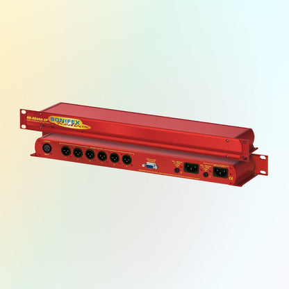 Pair of Sonifex RB-DDA6A Dual Power Supply displaying its front and rear panels on green and yellow gradient background