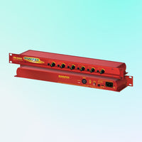 Pair of Sonifex RB-DHD6 stacked on each other displaying the front and rear panels on blue background