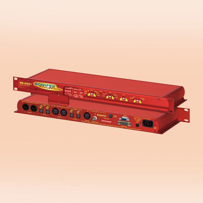 Pair of Sonifex RB-DSD1 stacked displaying front and rear panels on peach orange background