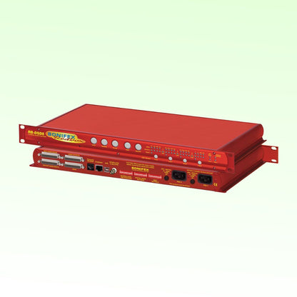 Pair of Sonifex RB-DSD8 stacked displaying front and rear panels on yellow green background