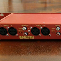 Close up of rear panel of Sonifex RB-LU4 on wooden table