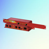 Pair of Sonifex RB-MA2G stacked displaying front and rear panels on blue background