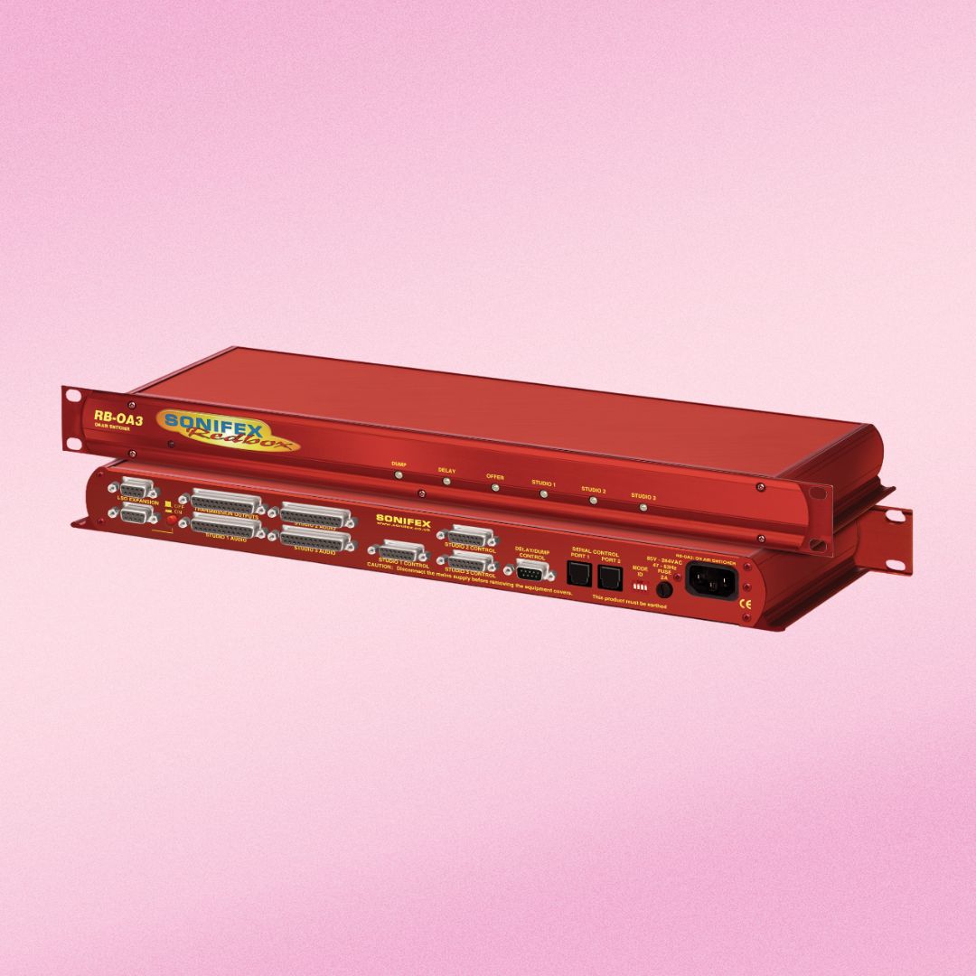 Pair of Sonifex RB-OA3 stacked displaying front and rear panels on pink background