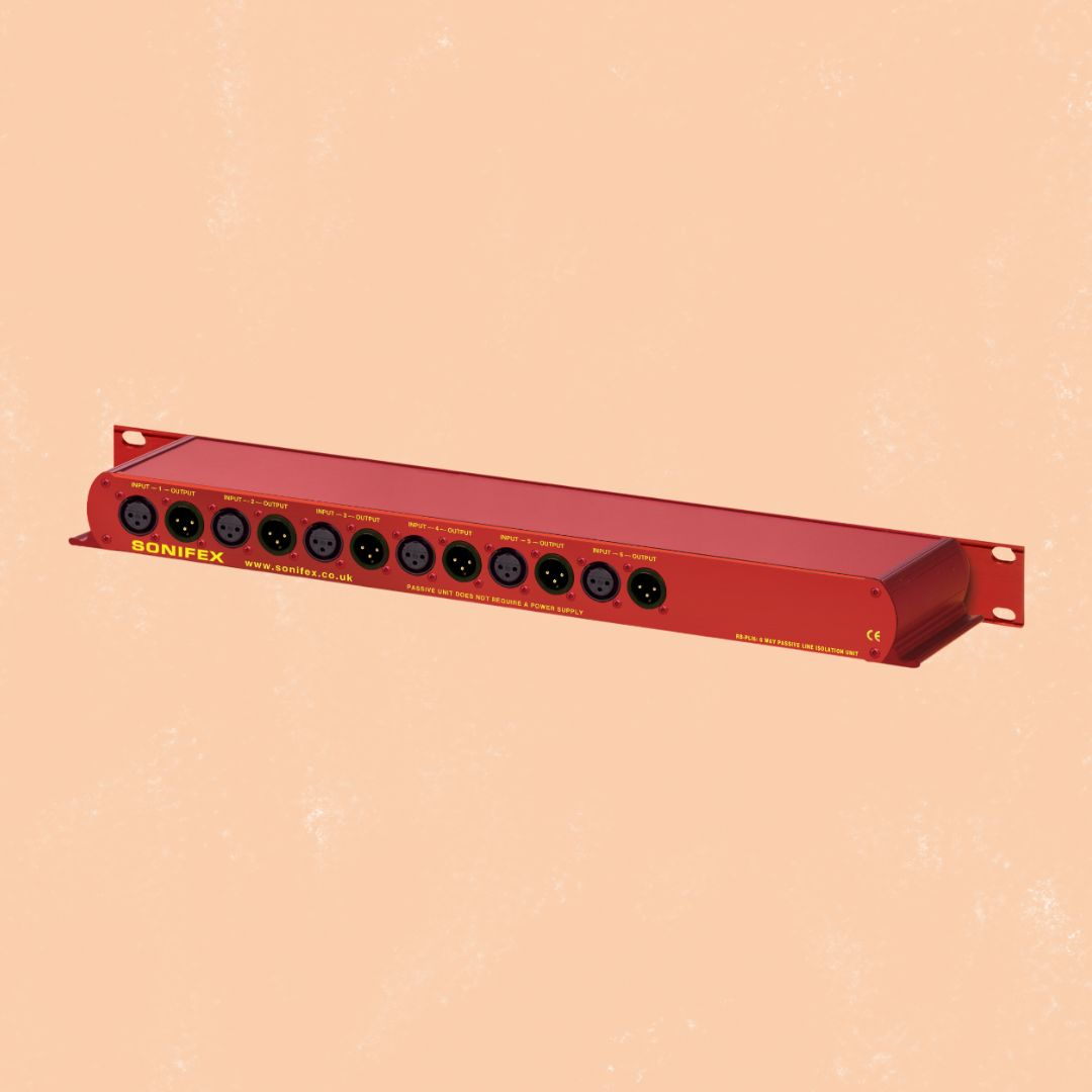 Angled rear view of Sonifex RB-PLI6 on orange background