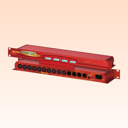 Pair of Sonifex RB-PMX4 displaying front and rear panels on orange background