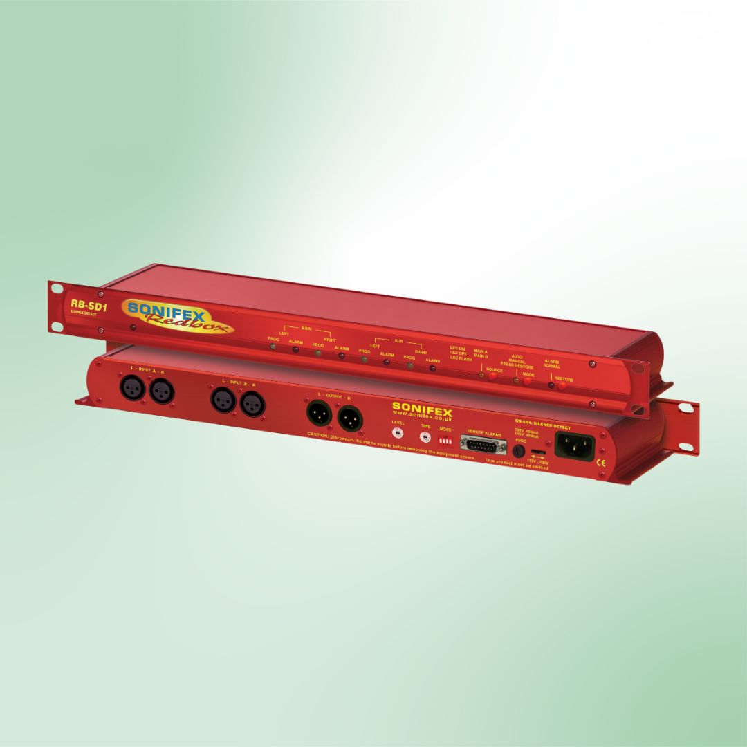 Pair of Sonifex RB-SD1 stacked displaying front and rear panels on green background