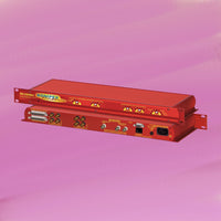 Pair of Sonifex RB-VHCMA4 stacked displaying front and rear panels on fuchsia background