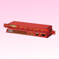 Pair of Sonifex RB-VHCMD16 stacked displaying front and rear panels on pink background