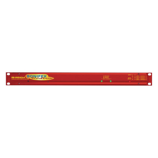 Front panel of Sonifex RB-VHDA2X4 on white background