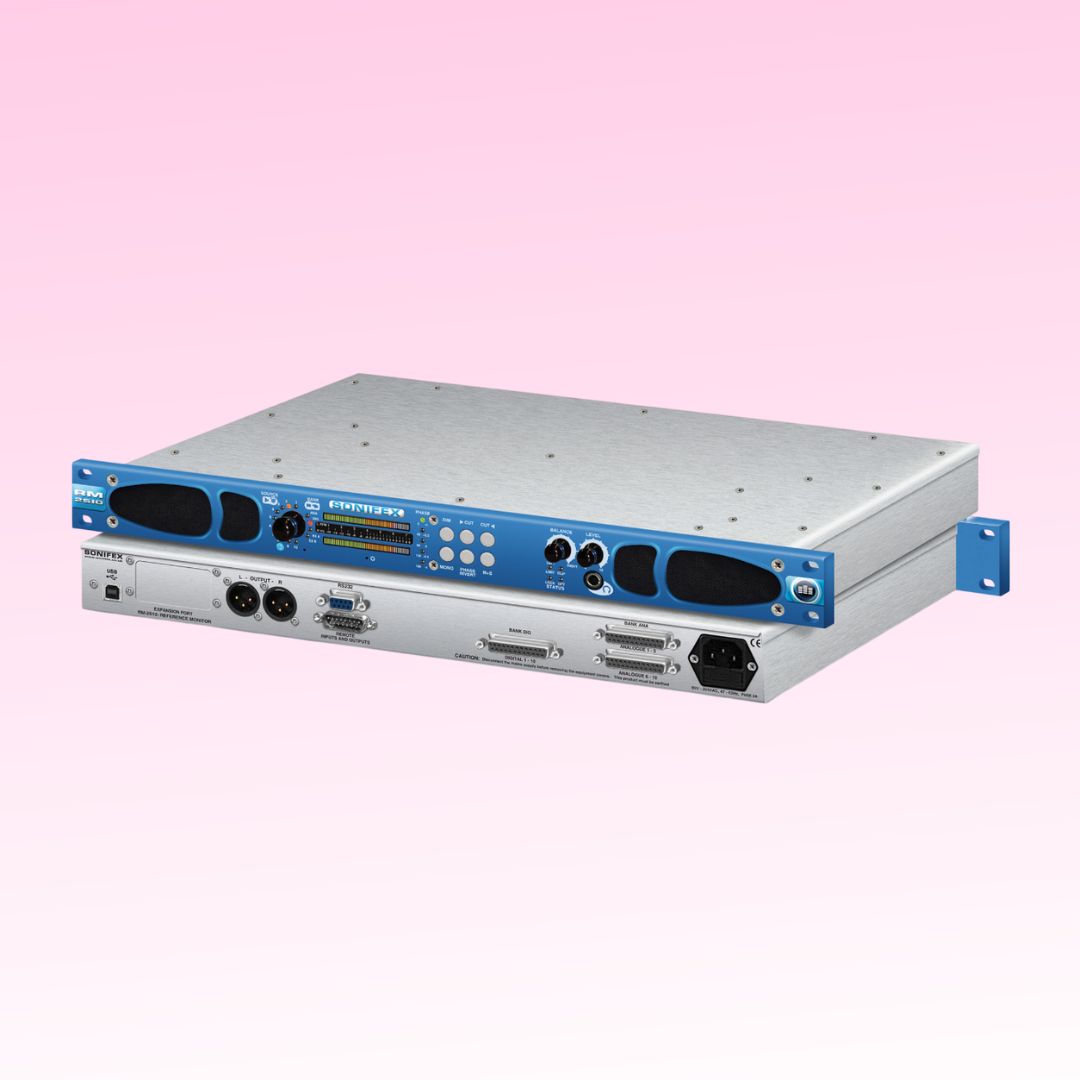 Pair of Sonifex RM-2S10 stacked displaying rear and front panels on pink background