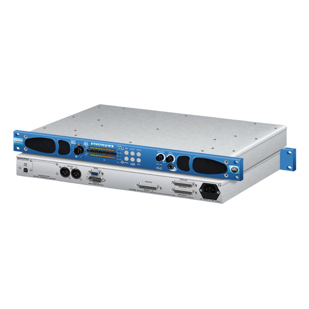 Pair of Sonifex RM-2S10 stacked displaying rear and front panels on white background
