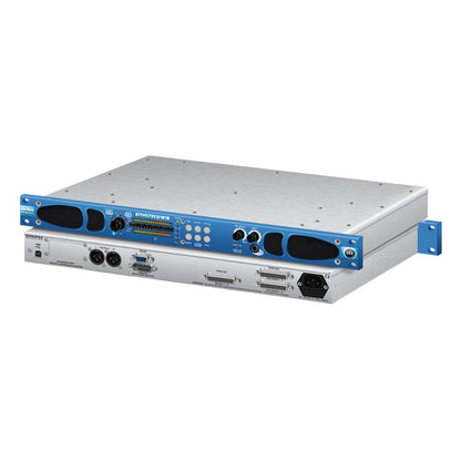 Pair of Sonifex RM-2S10 stacked displaying rear and front panels on white background