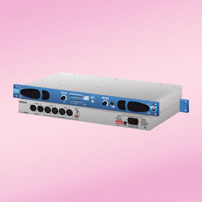 Pair of Sonifex RM-CA2 stacked displaying front and rear panels on pink background