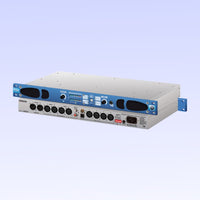 Pair of Sonifex RM-CAD8 stacked displaying front and rear panels on purple background