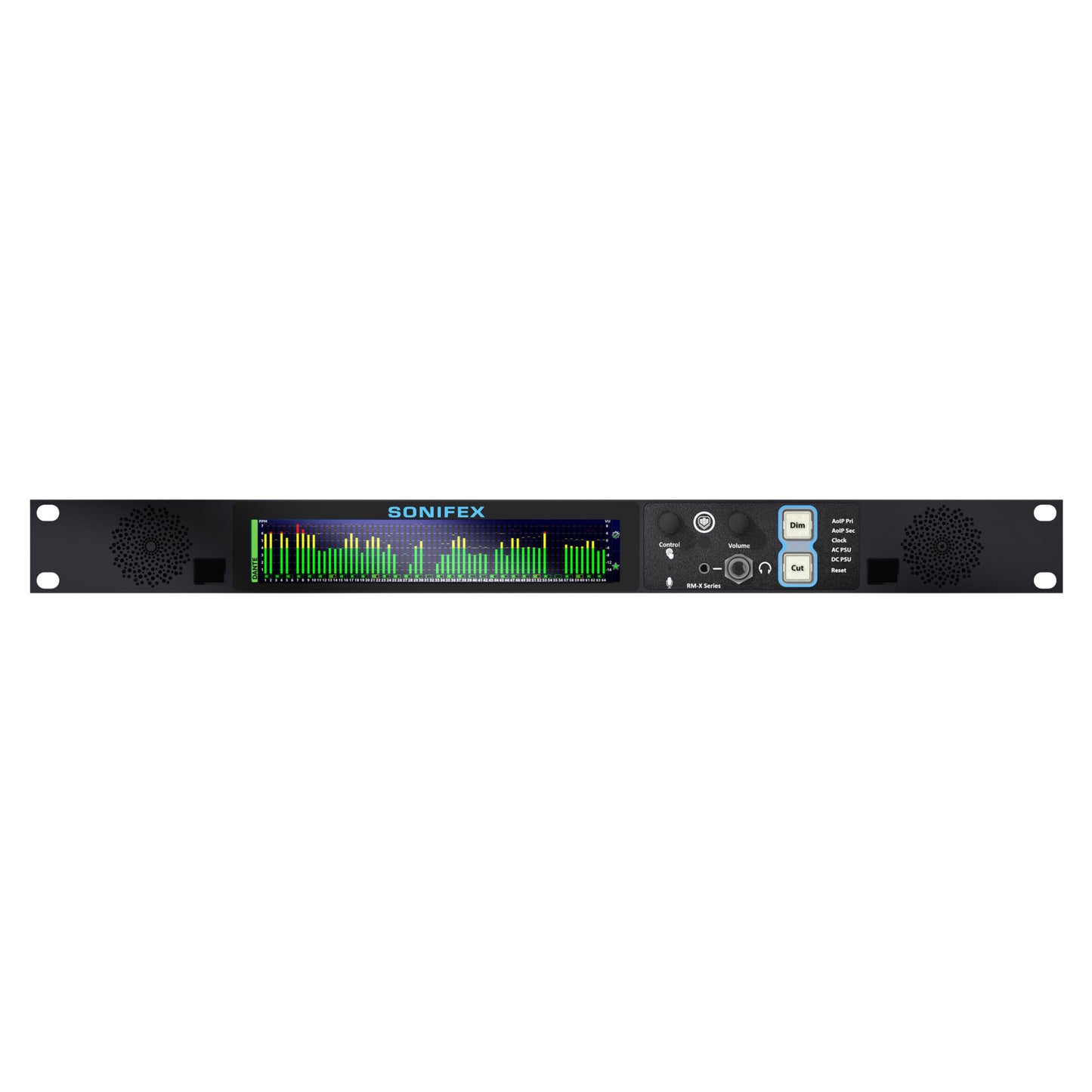 Front view of Sonifex RM-X-64-DNT 64-Channel Dante & MADI Reference Monitor on white background