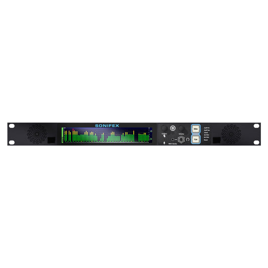Front view of Sonifex RM-X-64-DNT 64-Channel Dante & MADI Reference Monitor on white background