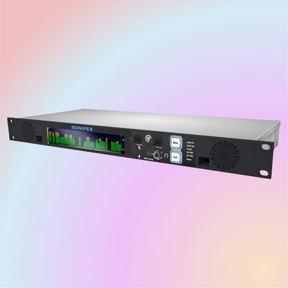 Angled front view of Sonifex RM-X-64-DNT 64-Channel Dante & MADI Reference Monitor on multicolored background