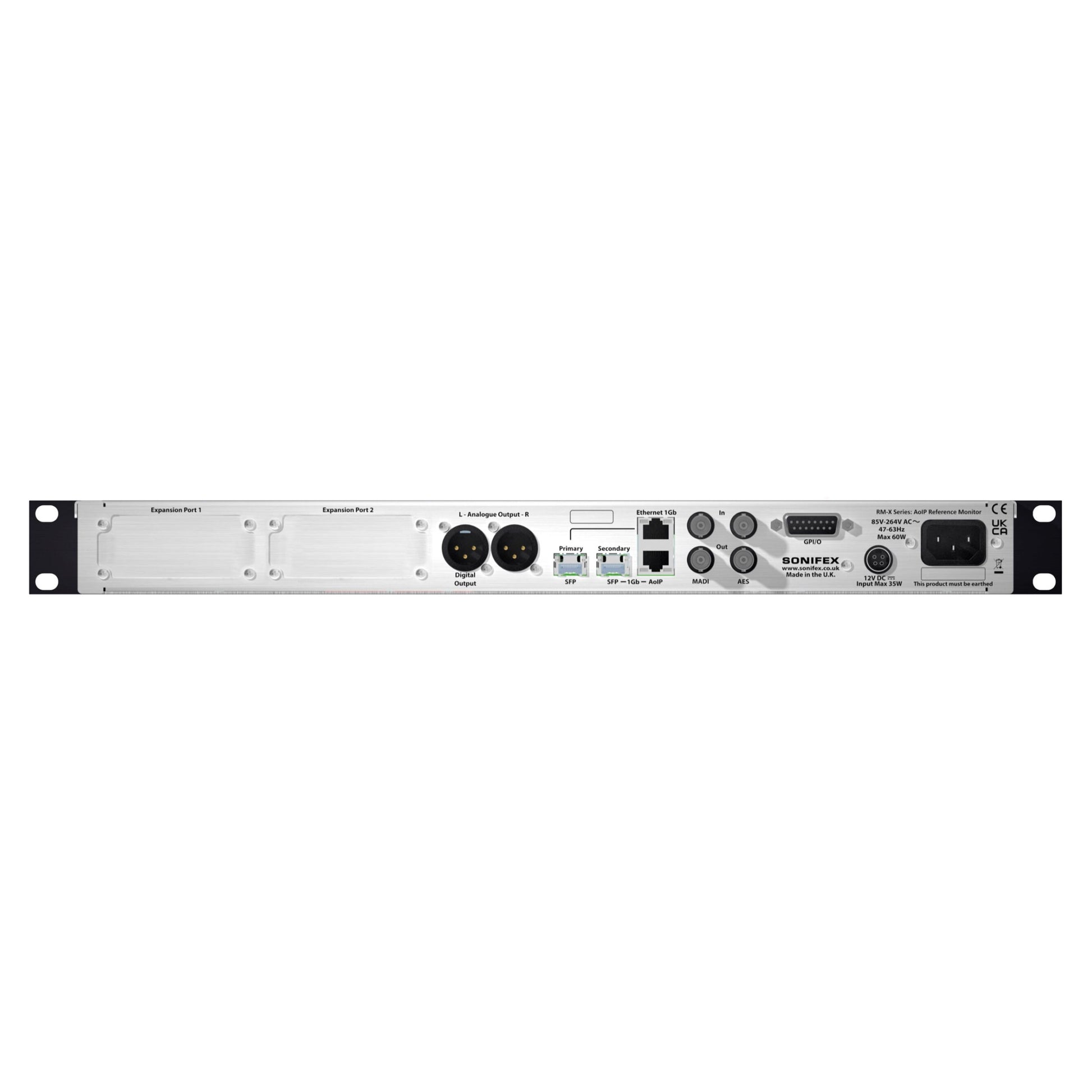 Rear ports view of Sonifex RM-X-64-DNT 64-Channel Dante & MADI Reference Monitor on white background