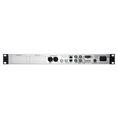 Rear ports view of Sonifex RM-X-64-DNT 64-Channel Dante & MADI Reference Monitor on white background